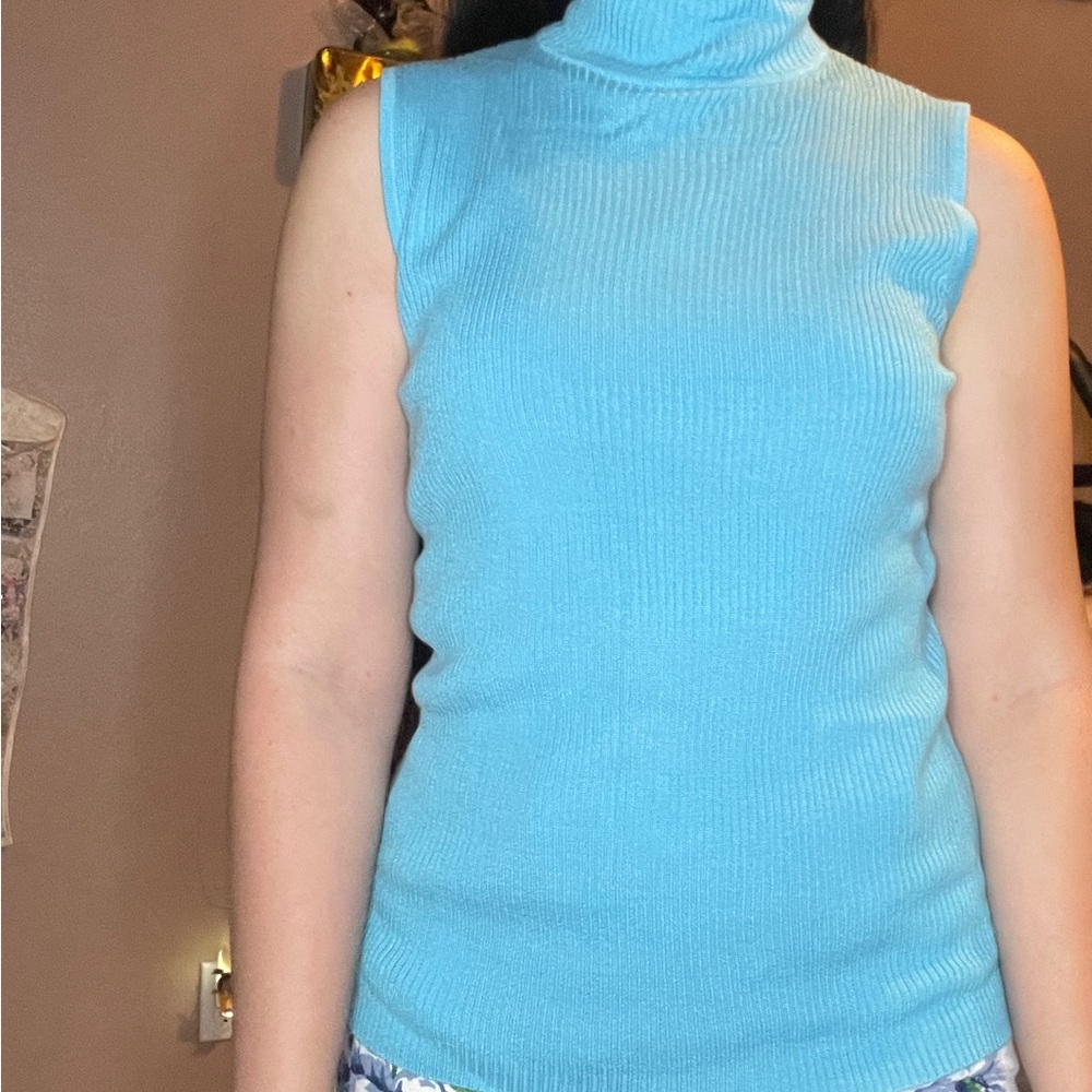 Vintage Y2K Medium Ribbed Knit Teal Turtleneck Sweater Sleeveless Dana Buchman - Picture 8 of 9